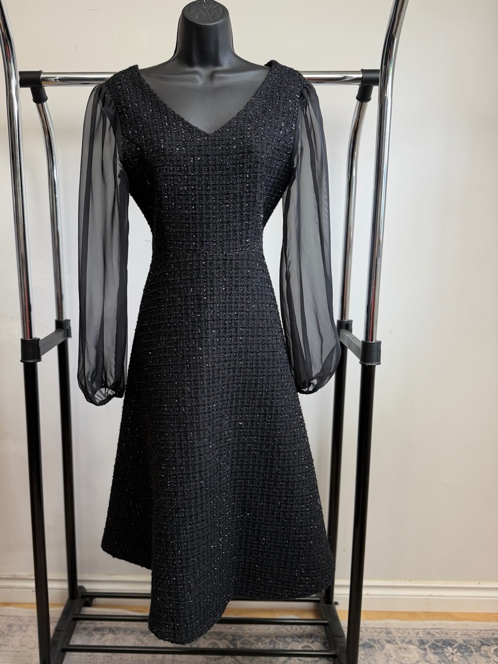 Serenity Black Metallic Tweed Fit & Flare Dress Sheer Balloon Sleeves Size M